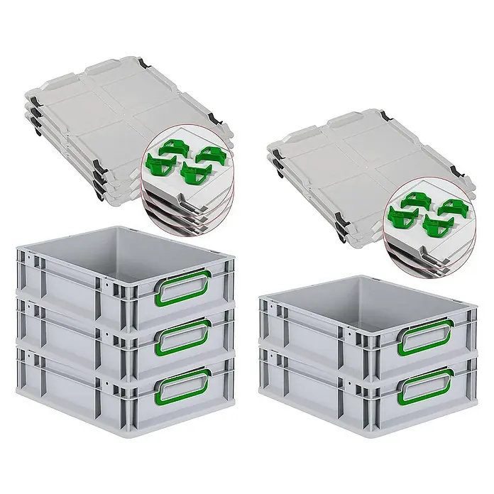 Proregal Euroboxen-Set 5x Eurobox NextGen Color mit Auflagedeckel und Schiebeschnappverschlüsse - L x B x H: 40 x 30 x 12 cm, Kunststoff, Grau, Grün, 5 Stk. - Bild von grauen Kunststoffbehältern mit grünen Griffen und Deckeln, die eine praktische Lagerlösung bieten.