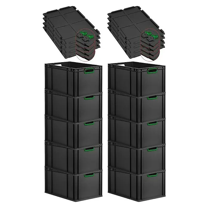 Proregal Euroboxen-Set 10x Eurobox NextGen Color mit Scharnierdeckel und Verschlüssen - L x B x H: 60 x 40 x 32 cm, Kunststoff, Schwarz, Grün, 10 Stk. - Bild von zwei Stapeln schwarzen Eurobehälter mit Deckel und grünen Griffen, ideal für Lagerung.