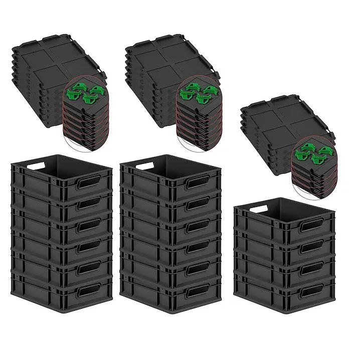 Proregal Euroboxen-Set 16x Eurobox NextGen Grip mit Auflagedeckel inkl. 4 grünen Verschlüssen - L x B x H: 40 x 30 x 12 cm, Kunststoff, Schwarz, 16 Stk. - Abbildung von schwarzen Lagerboxen mit Deckeln und Trägern, ideal für die Organisation.