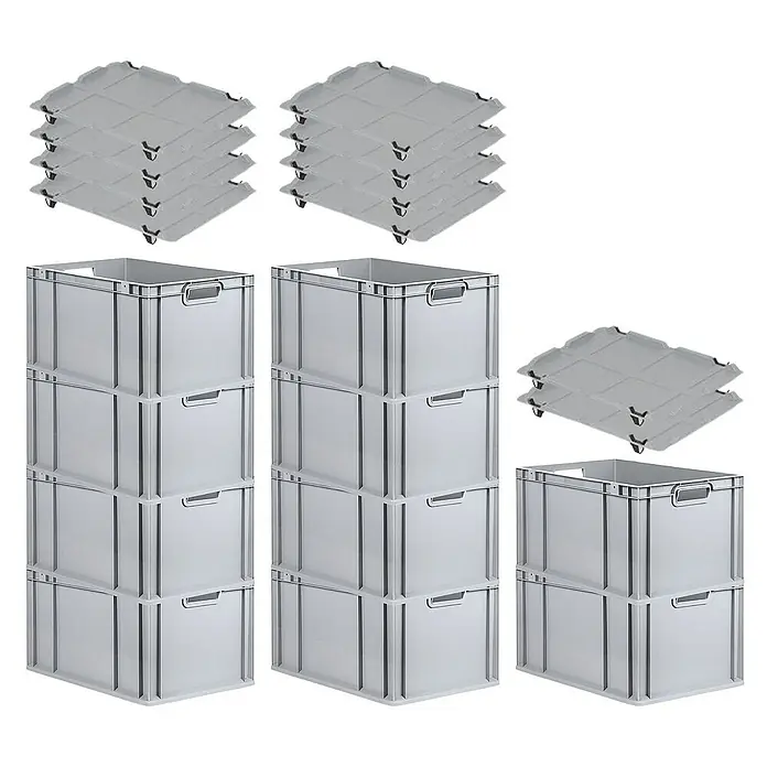 Proregal Euroboxen-Set 10x Eurobox NextGen Economy mit Auflagedeckel und 4x Verschlüsse Schwarz - Kunststoff, Grau, 10 Stk. - Das Bild zeigt mehrere graue Stapelboxen und dazugehörige Deckel. Praktische Aufbewahrungslösung für Ordnung im Lager oder Büro.