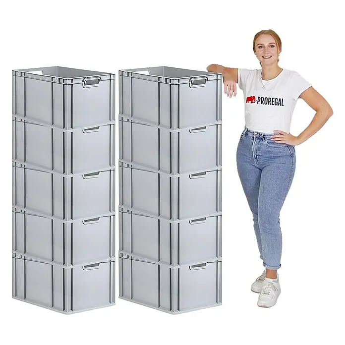 Proregal Euroboxen-Set 10x Eurobox NextGen Economy mit Auflagedeckel und 4x Verschlüsse Schwarz - Kunststoff, Grau, 10 Stk. - Graue Lagerboxen aus Kunststoff, gestapelt und bereit für die Organisation von Gegenständen. Perfekt für Lagerung und Transport.