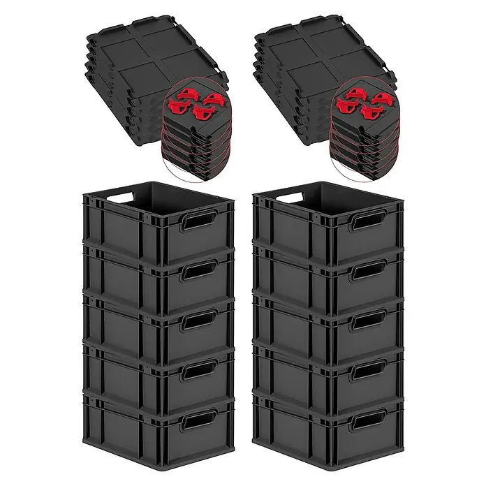 SuperSparSet 10x Eurobox NextGen Grip mit Scharnierdeckel und roten Schiebeschnappverschlüssen | HxBxT 17x30x40cm | 16 Liter | Schwarz | Griffe offen | Eurobehälter, Transportbox, Transportbehälter, Stapelbehälter -  - Zwei Stapel schwarzer Kunststoffbehälter und Deckel mit roten Clips für organisierte Aufbewahrung und einfachen Transport.