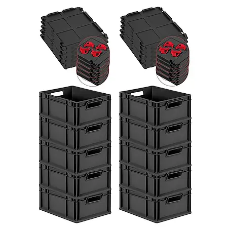 SuperSparSet 10x Eurobox NextGen Grip mit Scharnierdeckel und roten Schiebeschnappverschlüssen | HxBxT 17x30x40cm | 16 Liter | Schwarz | Griffe offen | Eurobehälter, Transportbox, Transportbehälter, Stapelbehälter