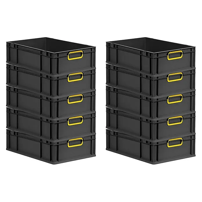 Proregal Euroboxen-Set 10x Eurobox NextGen Color - L x B x H: 60 x 40 x 17 cm, Kunststoff, Schwarz, Gelb, 10 Stk. - Zwei Stapel grauer Kunststoffbehälter mit gelben Griffen, ideal für Lagerung und Organisation.