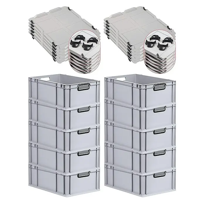 Proregal Euroboxen-Set 10x Eurobox NextGen Color mit Auflagedeckel und Schiebeschnappverschlüsse - L x B x H: 60 x 40 x 22 cm, Kunststoff, Grau, Schwarz, 10 Stk. - Graue Stapelboxen mit Deckeln. Praktisches Set zur Aufbewahrung und Organisation, ideal für Lager und Werkstatt.
