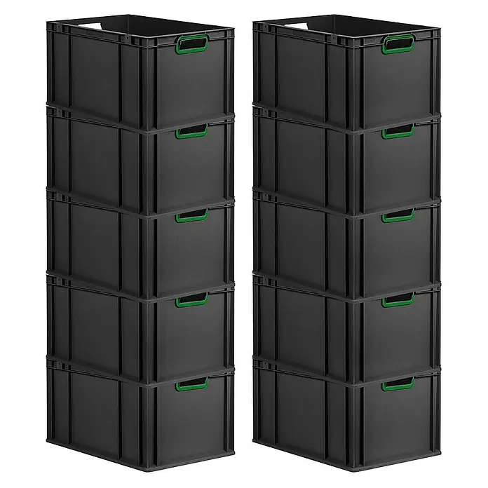 Proregal Euroboxen-Set 10x Eurobox NextGen Color - L x B x H: 60 x 40 x 32 cm, Kunststoff, Schwarz, Grün, 10 Stk. - Zwei Stapel schwarzer Lagerboxen mit grünen Griffen, die eine effiziente und organisierte Aufbewahrungslösung bieten.