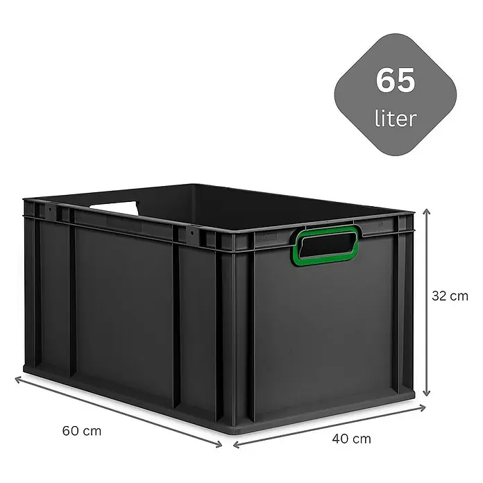 Proregal Euroboxen-Set 10x Eurobox NextGen Color - L x B x H: 60 x 40 x 32 cm, Kunststoff, Schwarz, Grün, 10 Stk. - Schwarzer Lagerbehälter mit einem Fassungsvermögen von 65 Litern und den Maßen 60x40x32 cm.