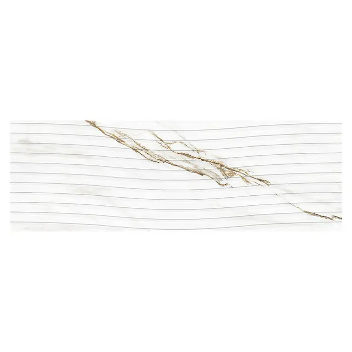 Revestimiento de pared Fontana Decor - 29,5 x 90 cm, Blanco, Mate, Relieve - Elegante baldosa de mármol con detalles dorados y textura ondulada. Ideal para diseño de paredes moderno y decoración de interiores lujosa.