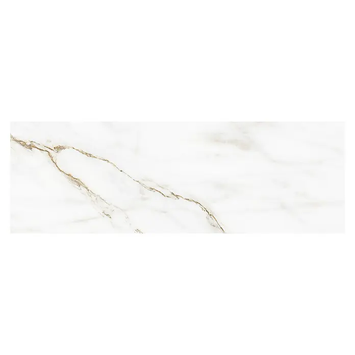 Revestimiento de pared Fontana - 29,5 x 90 cm, Blanco, Mate - Primer plano de una baldosa de mármol blanco brillante con vetas doradas llamativas, ideal para interiores lujosos.