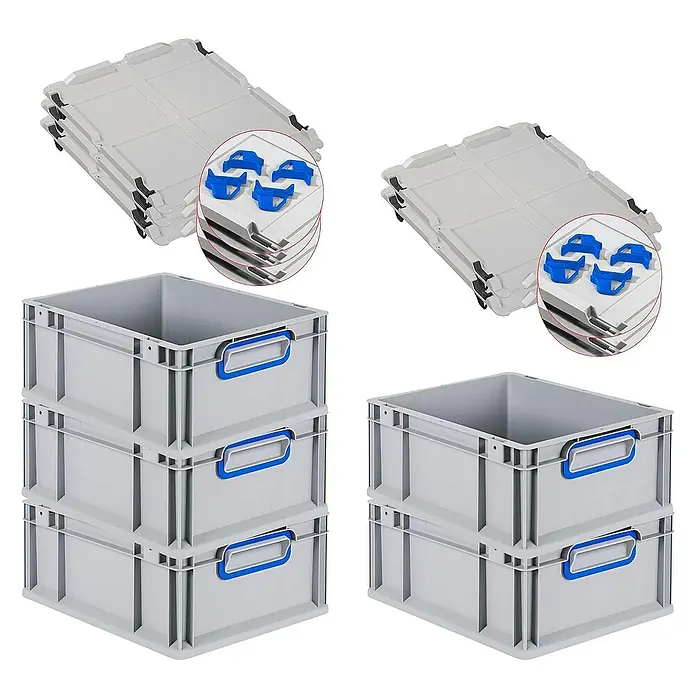Proregal Euroboxen-Set 5x Eurobox NextGen Color mit Auflagedeckel und Schiebeschnappverschlüsse - L x B x H: 40 x 30 x 17 cm, Kunststoff, Grau, Blau, 5 Stk. - Graue Lagerboxen mit blauen Griffen und graue Deckel mit blauen Klemmen, ideal für die Lagerung.