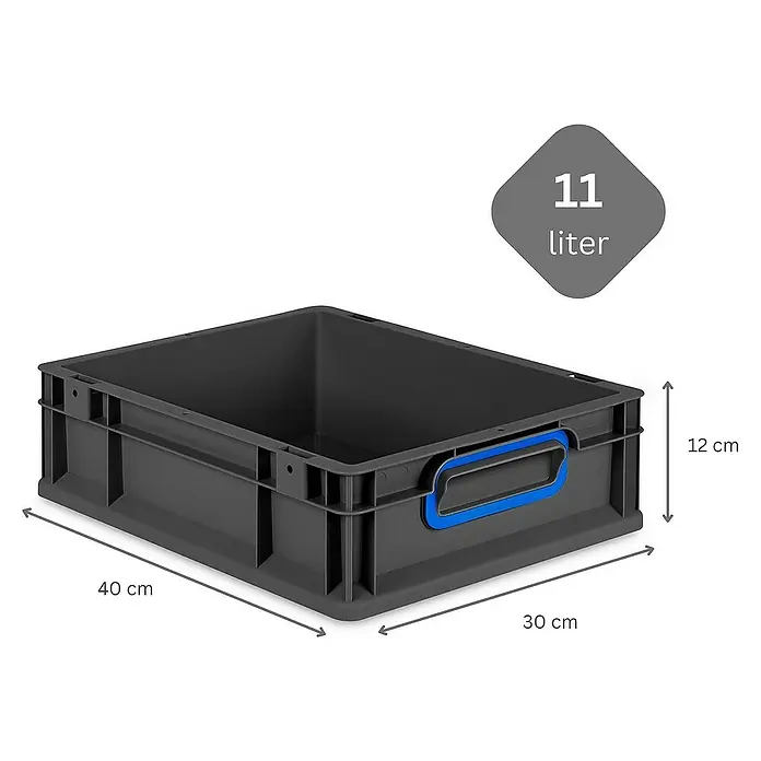 Proregal Euroboxen-Set 10x Eurobox NextGen Color mit Auflagedeckel und Schiebeschnappverschlüsse - L x B x H: 40 x 30 x 12 cm, Kunststoff, Schwarz, Blau, 10 Stk. - Graue 11-Liter-Aufbewahrungsbox aus Kunststoff mit blauen Griffen und den Maßen 40x30x12 cm.