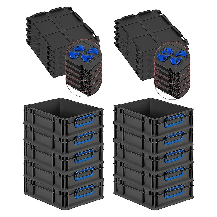 Proregal Euroboxen-Set 10x Eurobox NextGen Color mit Auflagedeckel und Schiebeschnappverschlüsse - L x B x H: 40 x 30 x 12 cm, Kunststoff, Schwarz, Blau, 10 Stk. - Schwarze stapelbare Eurobehälter mit Deckel und Griffen für Lagerung und Transport.