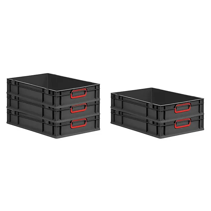 Proregal Euroboxen-Set 8x Eurobox NextGen Color - L x B x H: 60 x 40 x 12 cm, Kunststoff, Schwarz, Rot, 8 Stk. - Bild von zwei Stapeln grauer Kunststoffboxen mit roten Griffen. Praktische und robuste Aufbewahrungslösung.