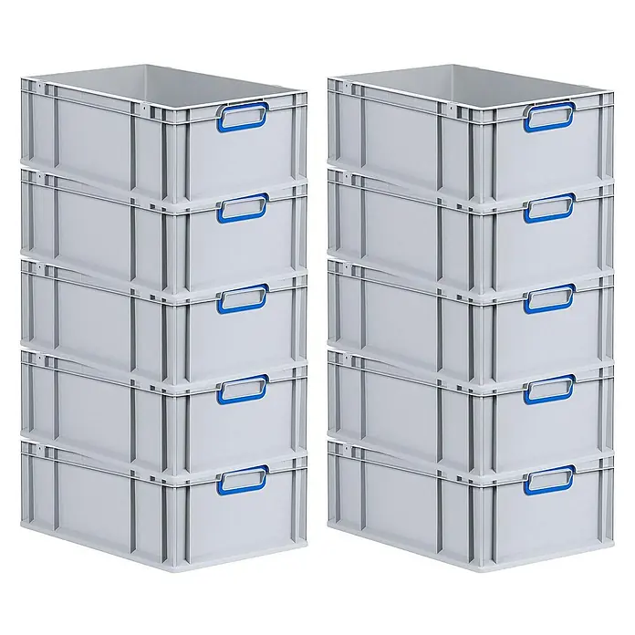 Proregal Euroboxen-Set 10x Eurobox NextGen Color - L x B x H: 60 x 40 x 22 cm, Kunststoff, Grau, Blau, 10 Stk. - Bild von zwei Stapeln grauer Kunststoffboxen mit blauen Griffen, die eine praktische Aufbewahrungslösung bieten.