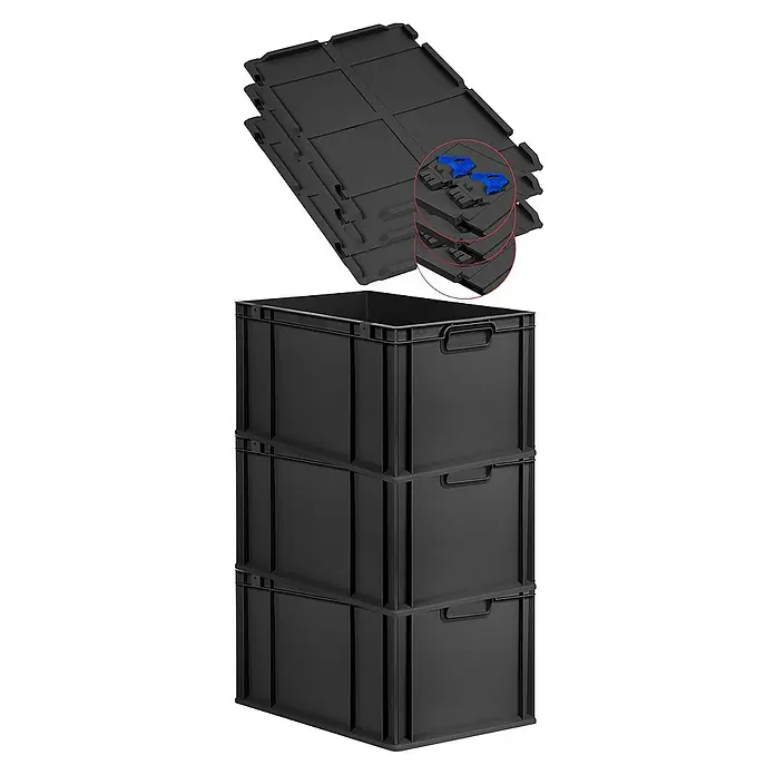 Proregal Euroboxen-Set 3x Eurobox NextGen Grip mit Scharnierdeckel und blauen Verschlüssen - L x B x H: 60 x 40 x 32 cm, Kunststoff, Schwarz, 3 Stk. - Schwarze Kunststoffbehälter mit Deckeln, die gestapelt und mit blauen Verschlüssen gesichert sind, für Lagerung und Transport.