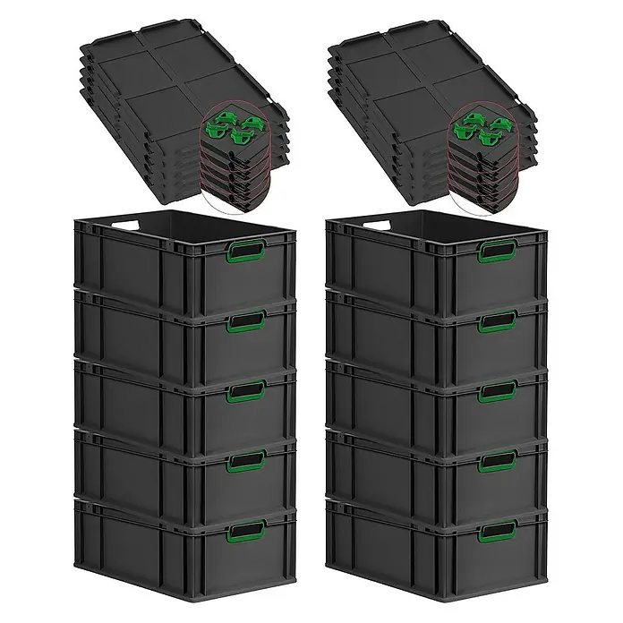 Proregal Euroboxen-Set 10x Eurobox NextGen Color mit Auflagedeckel und Schiebeschnappverschlüsse - L x B x H: 60 x 40 x 22 cm, Kunststoff, Schwarz, Grün, 10 Stk. - Zwei Stapel schwarzer Kunststoffbehälter und Deckel mit grünen Akzenten, ideal für Lagerung und Organisation.