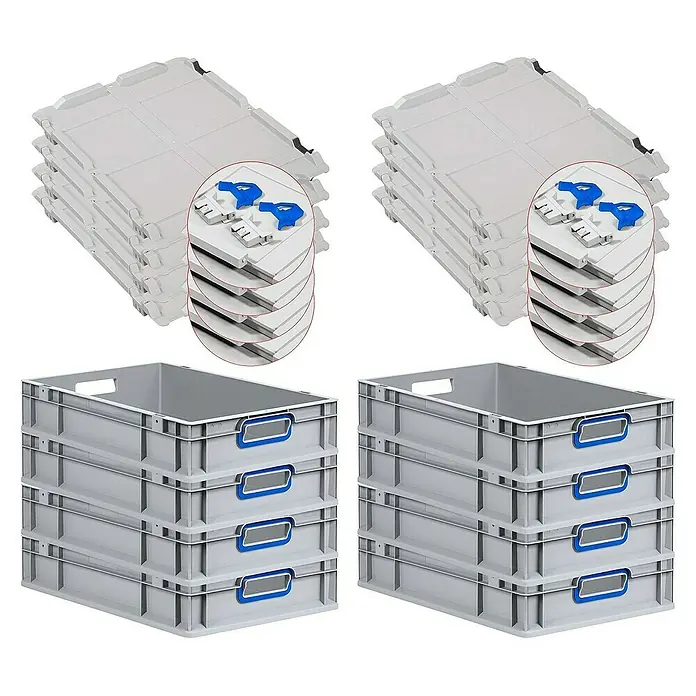 Proregal Euroboxen-Set 8x Eurobox NextGen Color mit Scharnierdeckel und Verschlüssen - L x B x H: 60 x 40 x 12 cm, Kunststoff, Grau, Blau, 8 Stk. - Bild von grauen Lagerbehältern und Deckeln. Perfekt für Lagerung und Organisation.