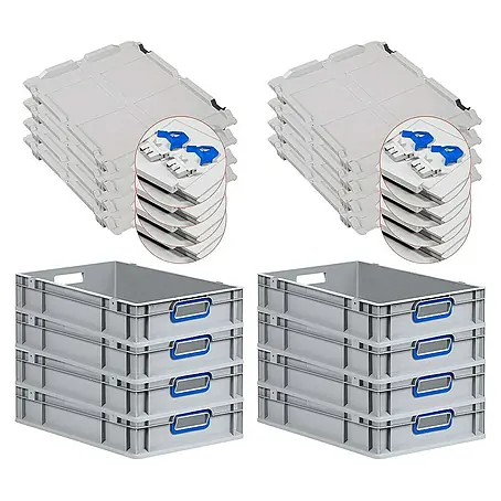 SuperSparSet 8x Eurobox NextGen Color mit Scharnierdeckel und Schiebeschnappverschlüssen | HxBxT 12x40x60cm | 23 Liter | Grau | Griffe blau offen | Glatter Boden | Eurobehälter, Transportbox, Transportbehälter, Stapelbehälter