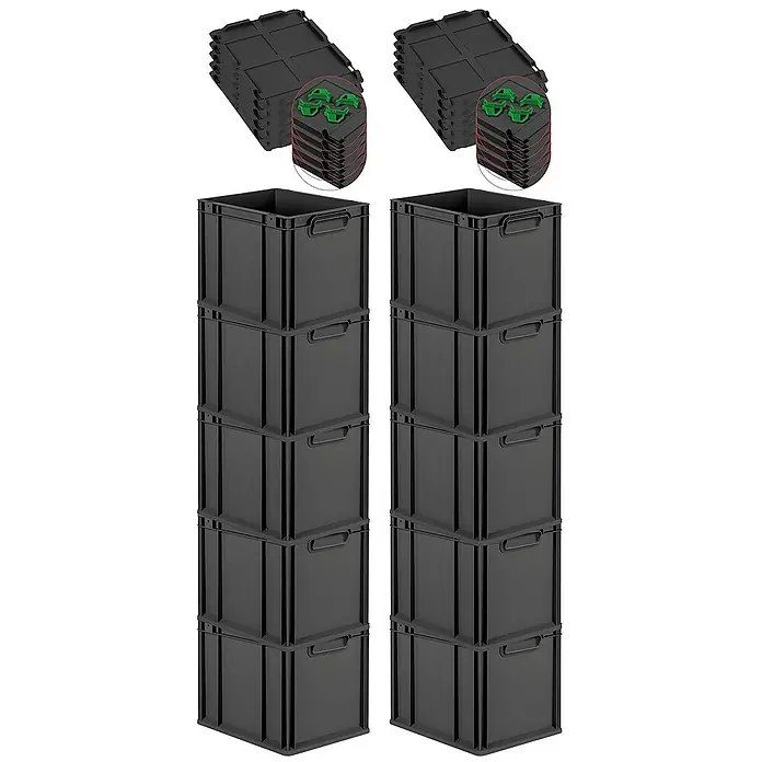 Proregal Euroboxen-Set 10x Eurobox NextGen Grip mit Auflagedeckel inkl. 4 grünen Verschlüssen - Kunststoff, Schwarz, 10 Stk. - Stapelbare, schwarze Aufbewahrungsboxen mit Deckel, ideal für die Organisation von Werkzeug oder Spielzeug.