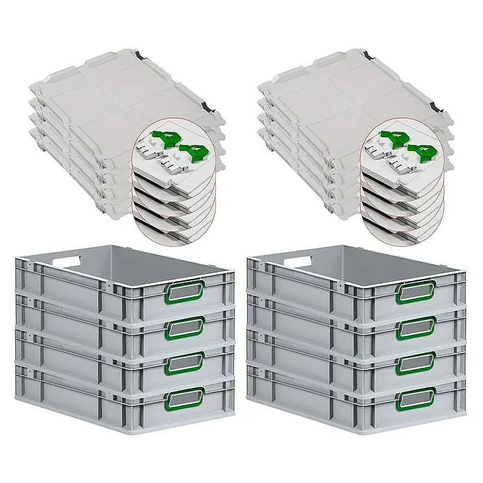 Proregal Euroboxen-Set 8x Eurobox NextGen Color mit Scharnierdeckel und Verschlüssen - L x B x H: 60 x 40 x 12 cm, Kunststoff, Grau, Grün, 8 Stk. - Stapelbare graue Kunststoffbehälter und Deckel mit grünen Griffen für Lagerung und Transport.