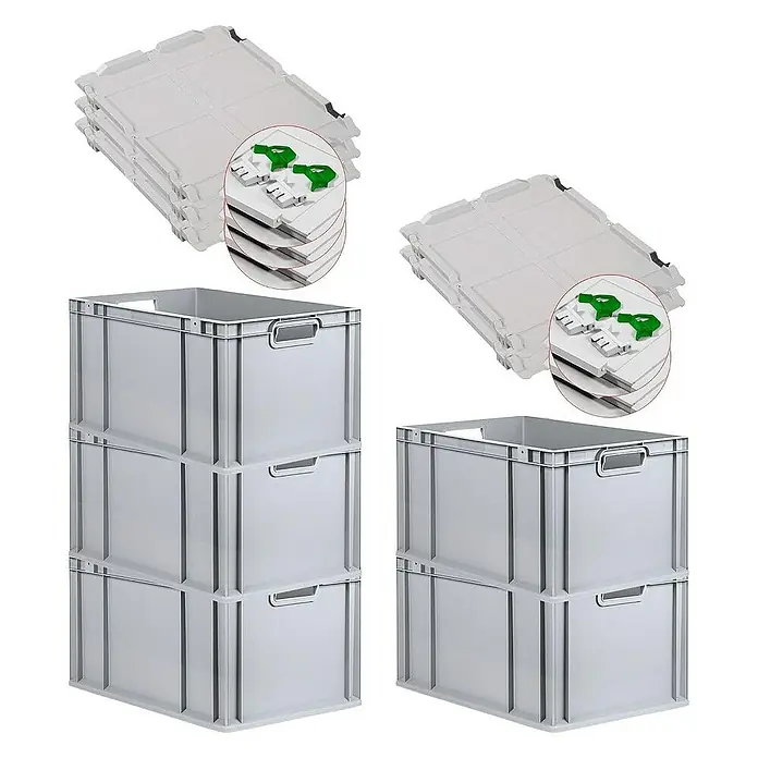 Proregal Euroboxen-Set 5x Eurobox NextGen Economy mit Scharnierdeckel und grünen Verschlüssen - L x B x H: 60 x 40 x 32 cm, Kunststoff, Grau, 5 Stk. - Abgebildet sind graue Lagerbehälter aus Kunststoff mit Deckeln. Praktische und robuste Boxen für Lagerung und Transport.