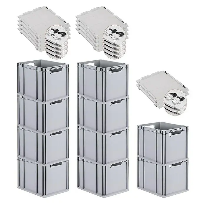 Proregal Euroboxen-Set 10x Eurobox NextGen Economy mit Scharnierdeckel und schwarzen Verschlüssen - Kunststoff, Grau, 10 Stk. - Bild von grauen Kunststoffboxen, die in Stapeln angeordnet sind und zugehörige Deckel haben, ideal für Lagerung und Organisation.