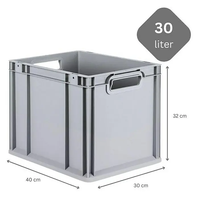 Proregal Euroboxen-Set 10x Eurobox NextGen Economy mit Scharnierdeckel und schwarzen Verschlüssen - Kunststoff, Grau, 10 Stk. - Graue 30-Liter-Kunststoffbox mit Griffen und Maßangaben, ideal für Lagerung und Transport verschiedener Gegenstände.