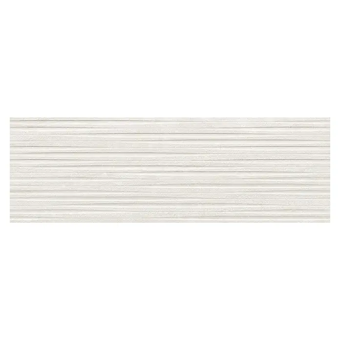 Revestimiento de pared Tivoli Decor - 29,5 x 90 cm, Perla, Mate - La imagen muestra una baldosa de pared blanca con un patrón horizontal acanalado, proporcionando una textura sutil para un espacio interior moderno.