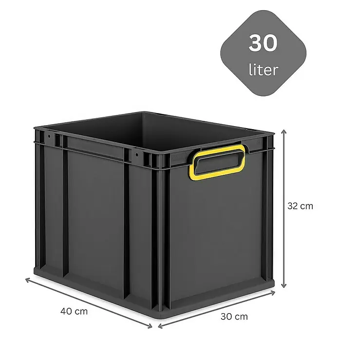 Proregal Euroboxen-Set 4x Eurobox NextGen Color mit Scharnierdeckel und Verschlüssen - Kunststoff, Schwarz, Gelb, 4 Stk. - Der graue 30-Liter-Eurobehälter mit gelbem Griff und Maßangaben (40 x 30 x 32 cm) ist ideal für Lagerung und Transport.