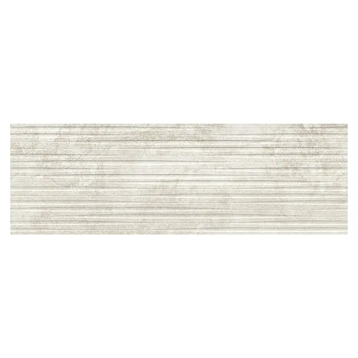 Revestimiento de pared Tivoli Decor - 29,5 x 90 cm, Beige, Mate - Primer plano de una baldosa de pared con ranuras horizontales en un tono neutro, que muestra un patrón sutil y texturizado.