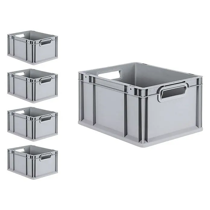 Proregal Euroboxen-Set 5x Eurobox NextGen Grip mit Scharnierdeckel und grünen Verschlüssen - L x B x H: 40 x 30 x 22 cm, Kunststoff, Grau, 5 Stk. - Bild von vier grauen Kunststoffboxen. Die Boxen sind stabil und praktisch für Lagerung.