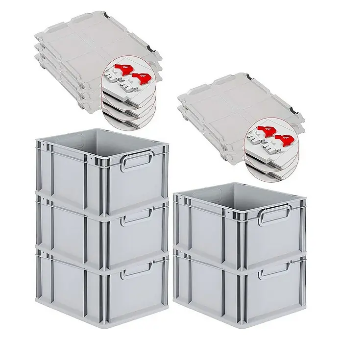 Proregal Euroboxen-Set 5x Eurobox NextGen Grip mit Scharnierdeckel und roten Verschlüssen - L x B x H: 40 x 30 x 22 cm, Kunststoff, Grau, 5 Stk. - Bild von grauen Eurobehältern in verschiedenen Stapeln, einige mit Deckel, ideal für Lagerung und Transport.