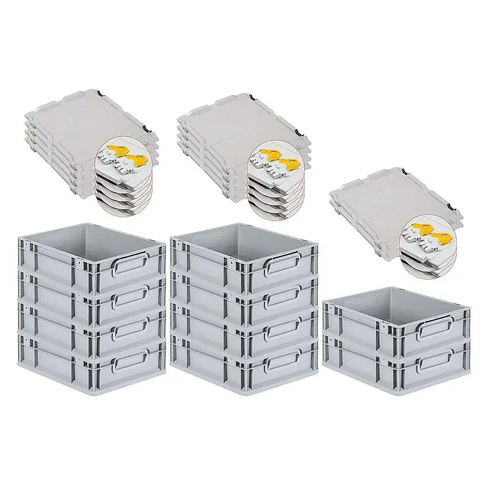 Proregal Euroboxen-Set 10x Eurobox NextGen Economy mit Scharnierdeckel und gelben Verschlüssen - L x B x H: 40 x 30 x 12 cm, Kunststoff, Grau, 10 Stk. - Graue Kunststoffbehälter und Deckel. Vielseitig stapelbare Eurobehälter mit Tragegriffen und passenden Deckeln für eine ordentliche Lagerung.