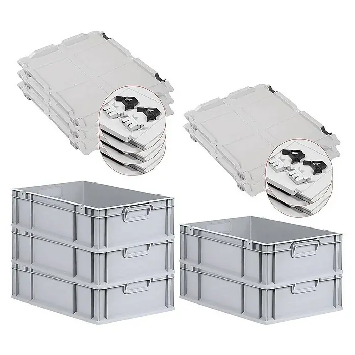 Proregal Euroboxen-Set 5x Eurobox NextGen Grip mit Scharnierdeckel und schwarzen Verschlüssen - L x B x H: 60 x 40 x 17 cm, Kunststoff, Grau, 5 Stk. - Abbildung von grauen Eurobehältern und passenden Deckeln im Set für Lagerung und Transport.