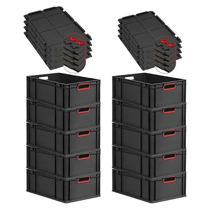 Proregal Euroboxen-Set 10x Eurobox NextGen Color mit Scharnierdeckel und Verschlüssen - L x B x H: 60 x 40 x 22 cm, Kunststoff, Schwarz, Rot, 10 Stk. - Abbildung von zwei Stapeln schwarzer Kunststoffboxen mit roten Griffen und Deckeln, die zur Aufbewahrung und Organisation geeignet sind.