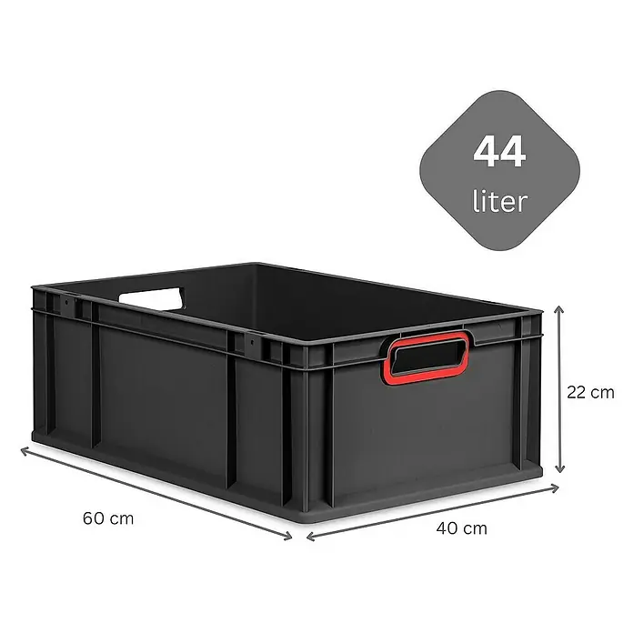 Proregal Euroboxen-Set 10x Eurobox NextGen Color mit Scharnierdeckel und Verschlüssen - L x B x H: 60 x 40 x 22 cm, Kunststoff, Schwarz, Rot, 10 Stk. - Produktfoto einer schwarzen 44-Liter-Kunststoffbox mit den Maßen 60x40x22 cm, ideal zur Aufbewahrung und Organisation.