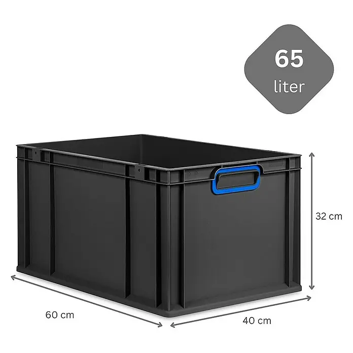 Proregal Euroboxen-Set 5x Eurobox NextGen Color - L x B x H: 60 x 40 x 32 cm, Kunststoff, Schwarz, Blau, 5 Stk. - Schwarze Lagerbox mit den Maßen 60 x 40 x 32 cm, Volumen 65 Liter, mit blauen Griffen.