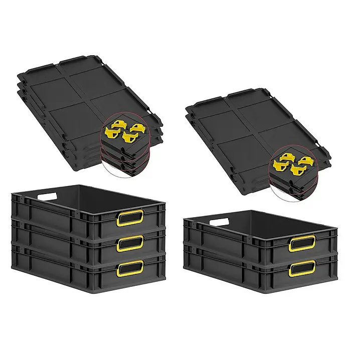 Proregal Euroboxen-Set 5x Eurobox NextGen Color mit Auflagedeckel und Schiebeschnappverschlüsse - L x B x H: 60 x 40 x 12 cm, Kunststoff, Schwarz, Gelb, 5 Stk. - Bild von schwarzen Kunststoffbehältern mit gelben Griffen und dazugehörigen Deckeln. Ideal für Lagerung und Transport.