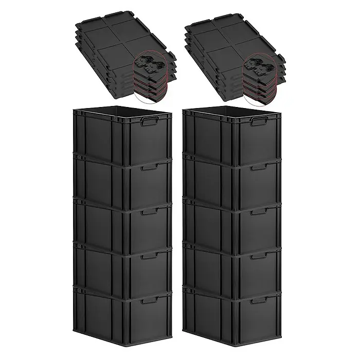 Proregal Euroboxen-Set 10x Eurobox NextGen Grip mit Scharnierdeckel und schwarzen Verschlüssen - L x B x H: 60 x 40 x 32 cm, Kunststoff, Schwarz, 10 Stk. - Zwei Stapel schwarzer Kunststoffbehälter mit Deckeln, ideal zur Aufbewahrung und Organisation von Gegenständen.