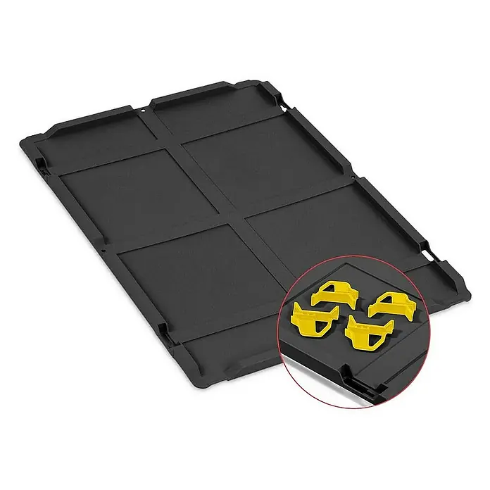 Proregal Euroboxen-Set 5x Eurobox NextGen Color mit Auflagedeckel und Schiebeschnappverschlüsse - L x B x H: 60 x 40 x 12 cm, Kunststoff, Schwarz, Gelb, 5 Stk. - Schwarze Kofferraumwanne mit Fächern und gelben Halterungen, ideal für die Organisation im Auto. Robust und praktisch für den täglichen Gebrauch.