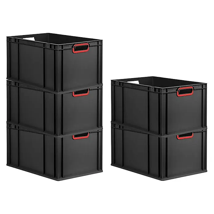 Proregal Euroboxen-Set 10x Eurobox NextGen Color - L x B x H: 60 x 40 x 32 cm, Kunststoff, Schwarz, Rot, 10 Stk. - Schwarze Kunststoffboxen mit roten Griffen, gestapelt. Ideal für Lagerung und Ordnung.