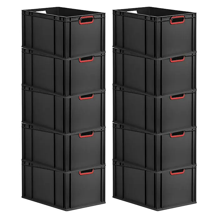 Proregal Euroboxen-Set 10x Eurobox NextGen Color - L x B x H: 60 x 40 x 32 cm, Kunststoff, Schwarz, Rot, 10 Stk. - Zwei Stapel schwarzer Aufbewahrungsboxen mit roten Griffen. Die Kunststoffboxen sind in einem Studio übereinander gestapelt.