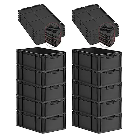 SparSet 10x Eurobox NextGen Grip mit Auflagedeckel inkl. 4 schwarzen Schiebeschnappverschlüssen | HxBxT 22x40x60cm | 44 Liter | Schwarz | Griffe geschlossen | Verstärkter Boden | Eurobehälter, Transportbox, Transportbehälter, Stapelbehälter