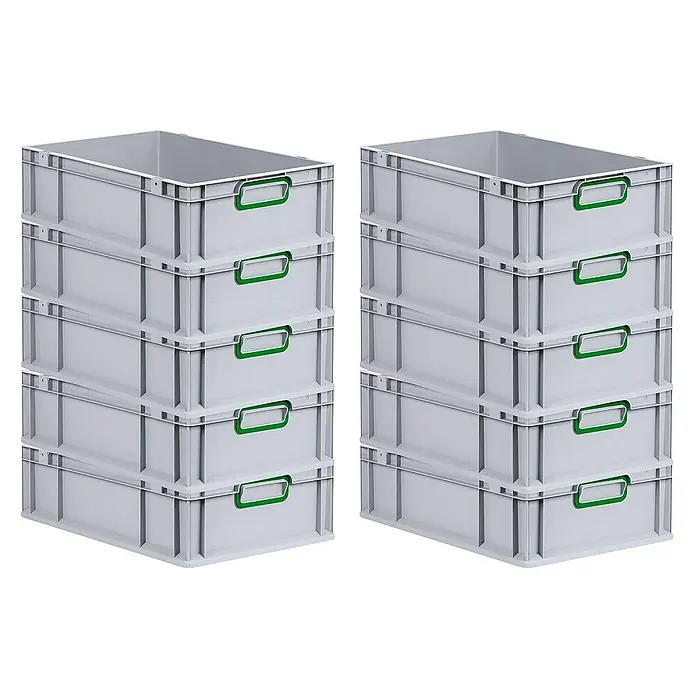 Proregal Euroboxen-Set 10x Eurobox NextGen Color - L x B x H: 60 x 40 x 17 cm, Kunststoff, Grau, Grün, 10 Stk. - Zwei Stapel grauer Lagerbehälter mit grünen Griffen. Ideal zur Aufbewahrung und Organisation von Gegenständen.