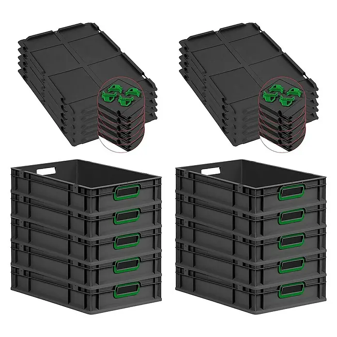 Proregal Euroboxen-Set 10x Eurobox NextGen Color mit Auflagedeckel und Schiebeschnappverschlüsse - L x B x H: 60 x 40 x 12 cm, Kunststoff, Schwarz, Grün, 10 Stk. - Abbildung zeigt zwei Stapel grauer Kunststoffkisten mit grünen Griffen und zwei Stapel passender Deckel mit Verschlüssen.