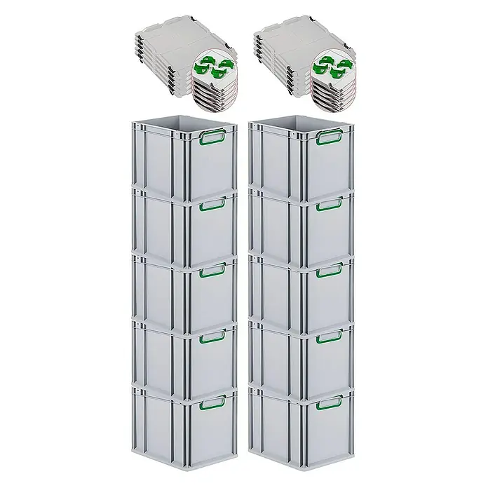 Proregal Euroboxen-Set 10x Eurobox NextGen Color mit Auflagedeckel und Schiebeschnappverschlüsse - Kunststoff, Grau, Grün, 10 Stk. - Zwei Stapelboxen aus Kunststoff mit Deckeln. Die Boxen sind grau mit grünen Griffen und die Deckel sind grau mit grünen Halterungen.