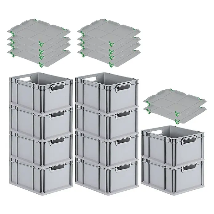 Proregal Euroboxen-Set 10x Eurobox NextGen Economy mit Auflagedeckel und 4x Verschlüsse Grün - Kunststoff, Grau, 10 Stk. - Bild von einem Stapel grauer Euroboxen mit zugehörigen Deckeln. Ideal für Lagerung & Transport.