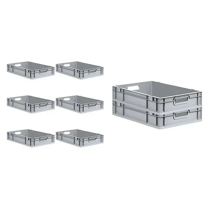 Proregal Euroboxen-Set 8x Eurobox NextGen Grip mit Scharnierdeckel und schwarzen Verschlüssen - L x B x H: 60 x 40 x 12 cm, Kunststoff, Grau, 8 Stk. - Das Bild zeigt sieben graue Kunststoffbehälter und einen Stapel aus zwei grauen Kunststoffbehältern. Sie scheinen für Lagerzwecke geeignet zu sein.