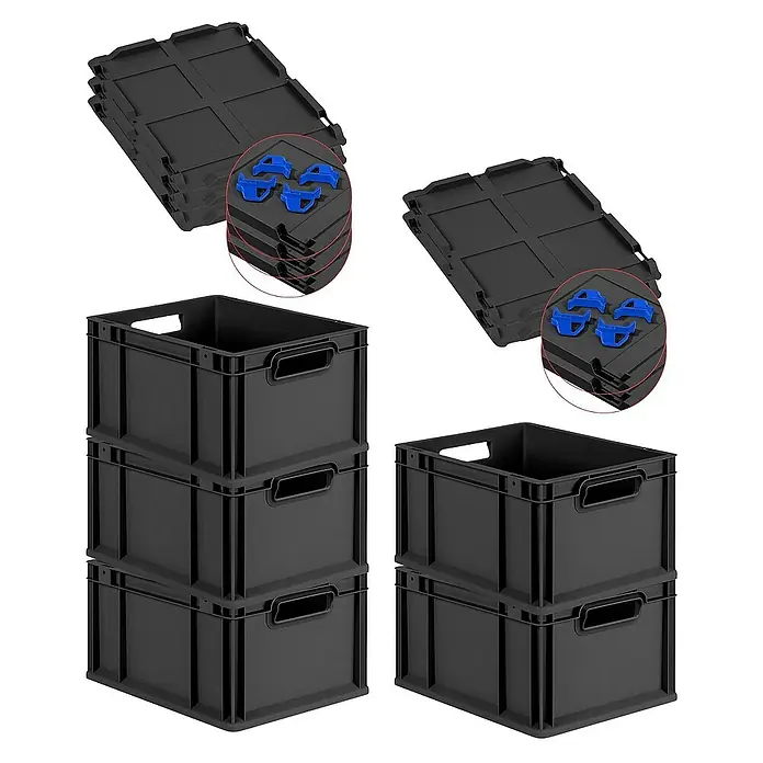 Proregal Euroboxen-Set 5x Eurobox NextGen Grip mit Scharnierdeckel und blauen Verschlüssen - L x B x H: 40 x 30 x 22 cm, Kunststoff, Schwarz, 5 Stk. - Schwarze Kunststoff-Lagerkisten und Deckel mit blauen Verschlüssen, ideal für Organisation und Aufbewahrung.