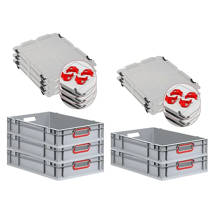 Proregal Euroboxen-Set 5x Eurobox NextGen Color mit Auflagedeckel und Schiebeschnappverschlüsse - L x B x H: 60 x 40 x 12 cm, Kunststoff, Grau, Rot, 5 Stk. - Graue Kunststoffbehälter und zugehörige Deckel im Stapel, ideal für Lagerung und Transport.